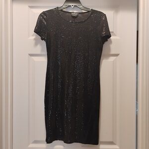 Bebe Black Sequin Short Sleeve Dress Lightweight Formal Disco Flare Size S